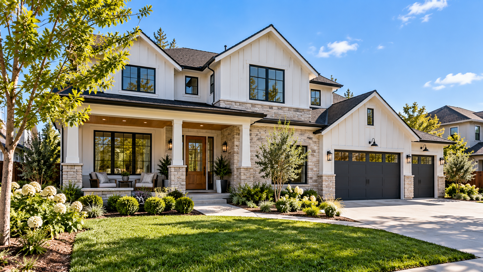 Illustrative US suburban farmhouse exterior; not a Rooftop Pavilion project