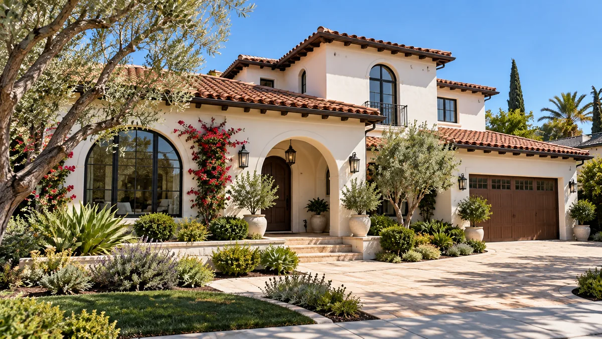 Illustrative Mediterranean-style US home exterior; not a Rooftop Pavilion project.