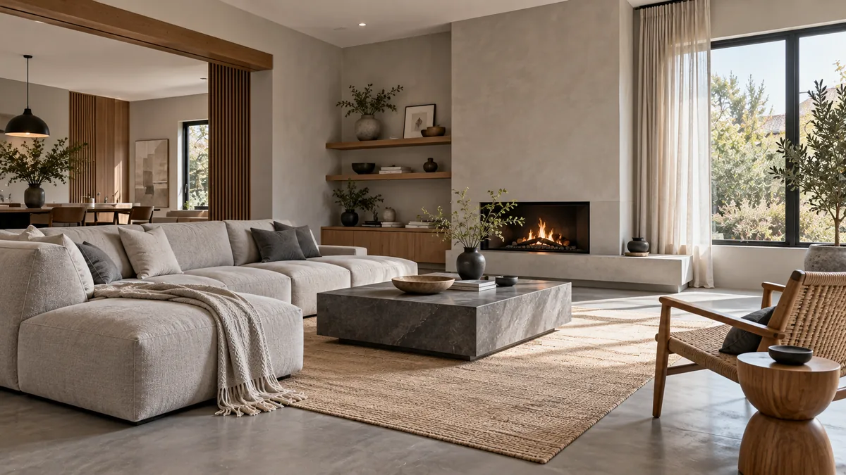 Illustrative Japandi-style living room; not a Rooftop Pavilion project.