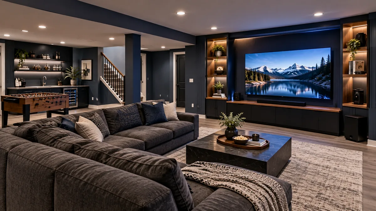 Illustrative finished US basement; not a Rooftop Pavilion project.